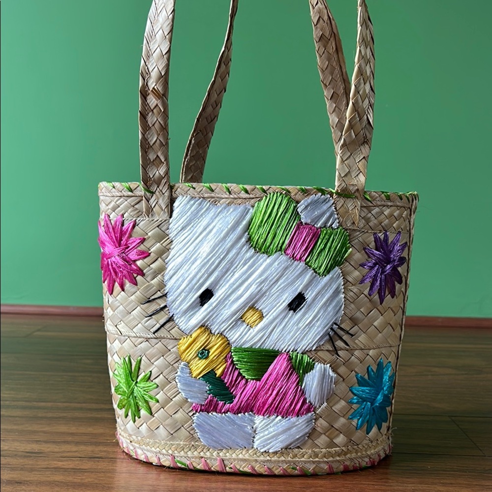 🔵🟢Vintage Hello Kitty Tan and Pink Tote Bag with Embroidered Design🟡🟣